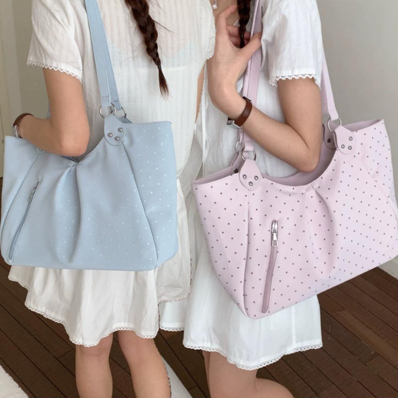 Leather Work Duffle - 韓国風ポルカドットショルダートートバッグ レトロキュート ジッパー付き ヴィンテージ 大容量 PUレザーバッグ