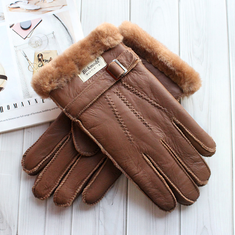 Leather Work Winter Gloves - シープスキンの毛皮の手袋メンズ厚い冬暖かい大型屋外防風防寒ハンドステッチ縫製革指手袋