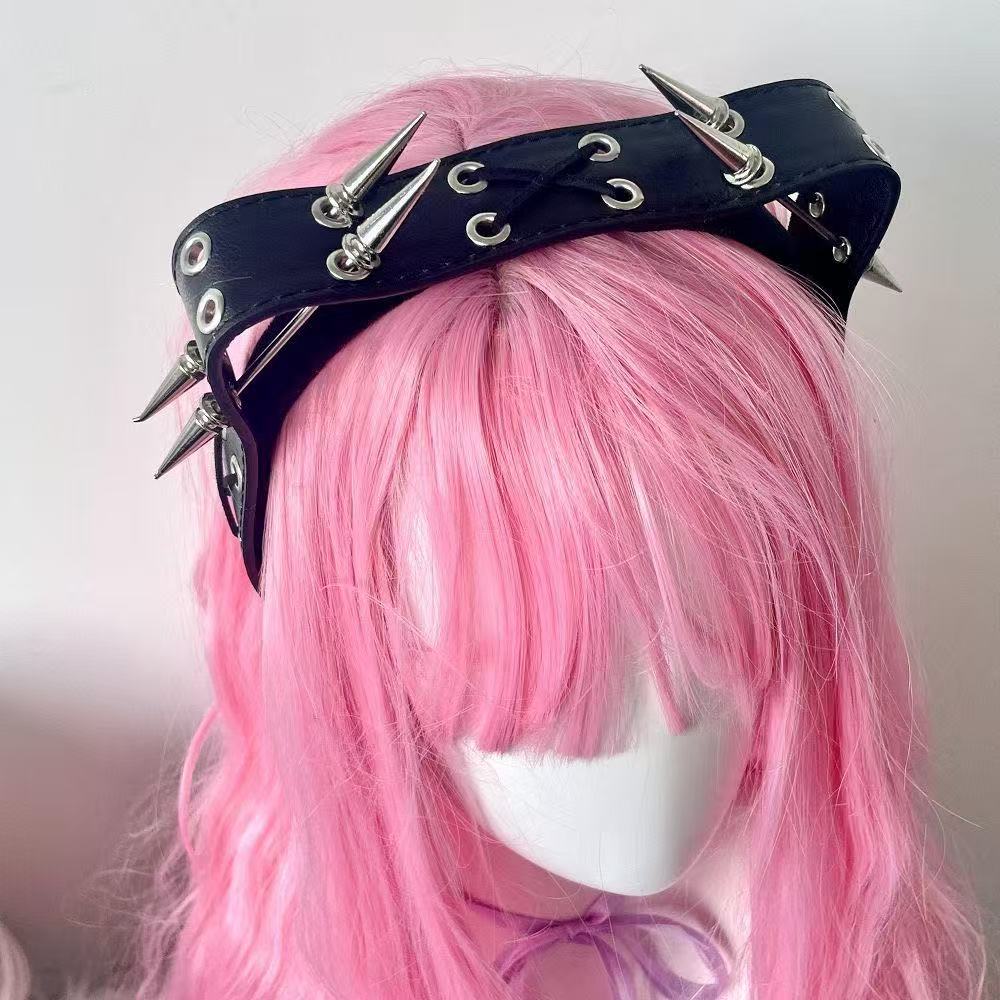 Leatherwork Pony - パンク・ハラジュク・リベットヘッドバンド、Y2Kオルト・エステティック・スパイク・フェイクレザーヘアフープ、ダークゴシック・キャットイヤーヘアアクセサリー（男女兼用）