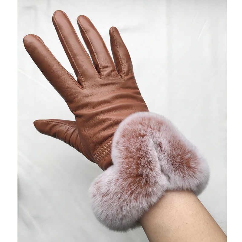 Leather Work Winter Gloves - 女性の冬の本物のシープスキンレザーグローブレッキスウサギの毛皮の袖口暖かい冬の女性の本革手袋ハンドウォーマー