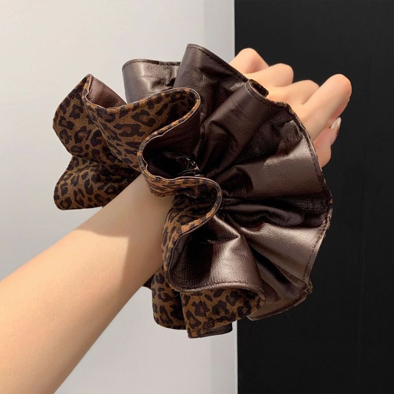 Leatherwork Pony - 1pc 韓国風ブラウンヒョウ柄レザーハイエンド女性用お団子ヘッドバンド特大ヘアタイレトロヘアアクセサリー