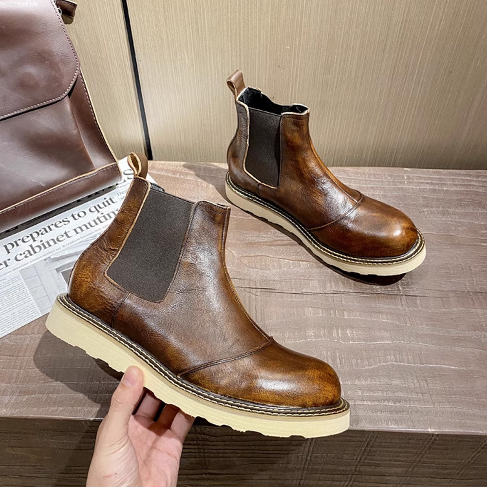 Leather Work Oxfords - レトロメンズ本革チェルシーブーツハイカットレザーシューズアウトドアプラットフォームアンクルウエスタンワークブーツ伸縮性オックスフォード