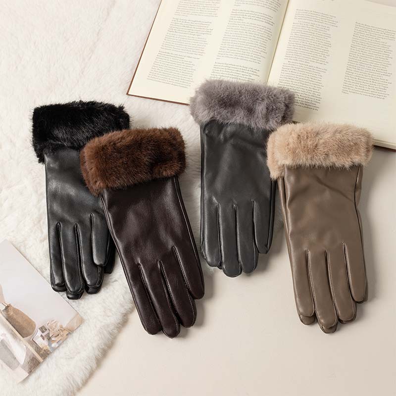 Leather Work Winter Gloves - マオコウレザーグローブ PUレザー レディース 冬用サイクリング ベルベット付き 暖かいグローブ