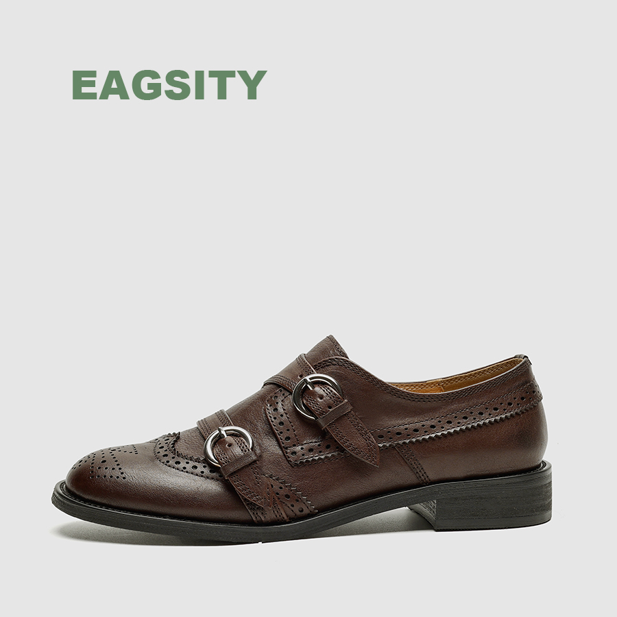 Leather Work Oxfords - EAGSITY 牛革英国スタイルの女性の靴オックスフォードブロックヒールラウンドトゥダービーシューズブローグカジュアルアウトドアレトロワークシューズ