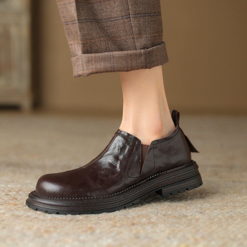 Leather Work Oxfords - 英国スタイルのラウンドトゥ本革カジュアルスリッポンローファー女性の革靴ワークファッション快適な女性のオックスフォードシューズ