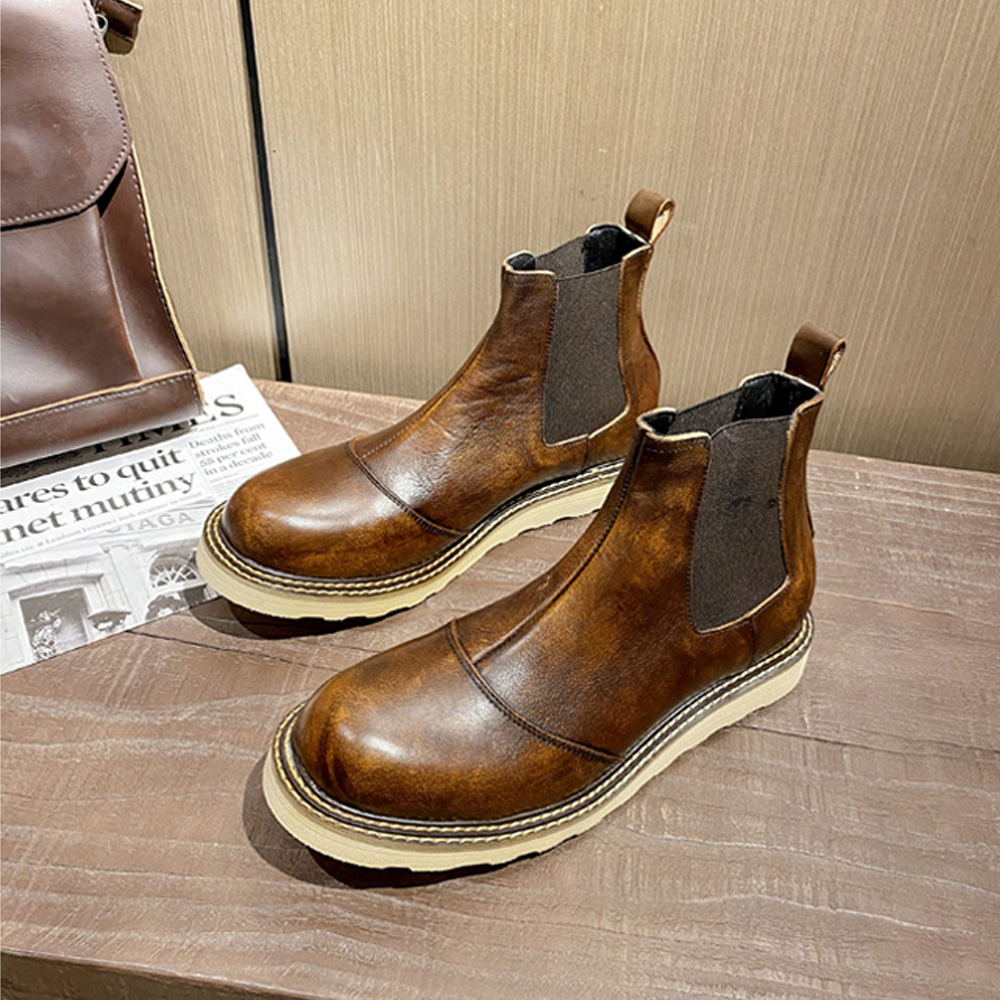 レトロメンズ本革チェルシーブーツハイカットレザーシューズアウ - Leather Work Oxfords のレビューと価格