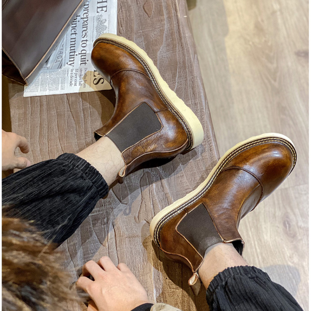 レトロメンズ本革チェルシーブーツハイカットレザーシューズアウ - Leather Work Oxfords のレビューと価格