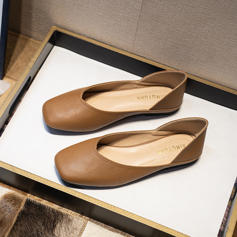 スクエアトゥレザーパッチワークフラットシューズ女性用スリッポ - Leather Work Is のレビューと価格