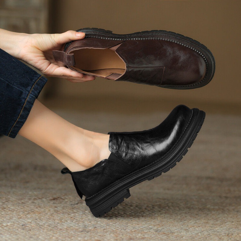 英国スタイルのラウンドトゥ本革カジュアルスリッポンローファー - Leather Work Oxfords のレビューと価格